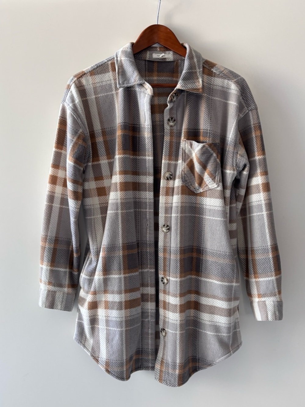 Plaid Button-Front Fleece Shacket in Gray and Brown